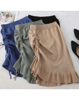 Knee Length Irregular Knit Skirt Women High Waist Side Lace Up Drawsting Ruffles Skirts  Hip Package Wrap Sweater Faldas