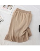 Knee Length Irregular Knit Skirt Women High Waist Side Lace Up Drawsting Ruffles Skirts  Hip Package Wrap Sweater Faldas