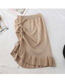 Knee Length Irregular Knit Skirt Women High Waist Side Lace Up Drawsting Ruffles Skirts  Hip Package Wrap Sweater Faldas