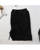 Knee Length Irregular Knit Skirt Women High Waist Side Lace Up Drawsting Ruffles Skirts  Hip Package Wrap Sweater Faldas