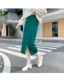 High Elastic Waist Women Long Knitted Skirt Autumn Winter Front Buckle Split Skirts Female Black Winter Solid Knitting One-step