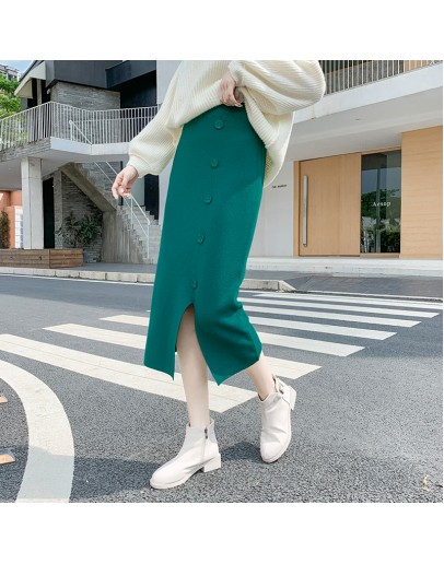 High Elastic Waist Women Long Knitted Skirt Autumn Winter Front Buckle Split Skirts Female Black Winter Solid Knitting One-step