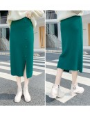 High Elastic Waist Women Long Knitted Skirt Autumn Winter Front Buckle Split Skirts Female Black Winter Solid Knitting One-step