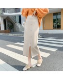 High Elastic Waist Women Long Knitted Skirt Autumn Winter Front Buckle Split Skirts Female Black Winter Solid Knitting One-step