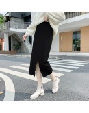 High Elastic Waist Women Long Knitted Skirt Autumn Winter Front Buckle Split Skirts Female Black Winter Solid Knitting One-step