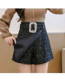 Autumn Winter Irregular Tweed Woolen Skirt Shorts Women High Waisted Wide Leg Booty Shorts   Clothing Female