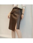  Irregular Knee Length Leather Skirt Women High Waisted Design Sense Side Split Moto PU Skirt Hip Package Black Faldas