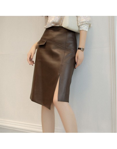  Irregular Knee Length Leather Skirt Women High Waisted Design Sense Side Split Moto PU Skirt Hip Package Black Faldas