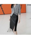  Irregular Knee Length Leather Skirt Women High Waisted Design Sense Side Split Moto PU Skirt Hip Package Black Faldas