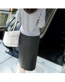  Irregular Knee Length Leather Skirt Women High Waisted Design Sense Side Split Moto PU Skirt Hip Package Black Faldas