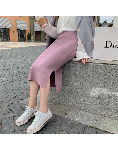 Elastic High Waist Women Long Knitted Skirt Autumn Side Split Midi Skirts Female Hip PackageBlack Winter Solid Knitting One-step