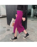 Elastic High Waist Women Long Knitted Skirt Autumn Side Split Midi Skirts Female Hip PackageBlack Winter Solid Knitting One-step