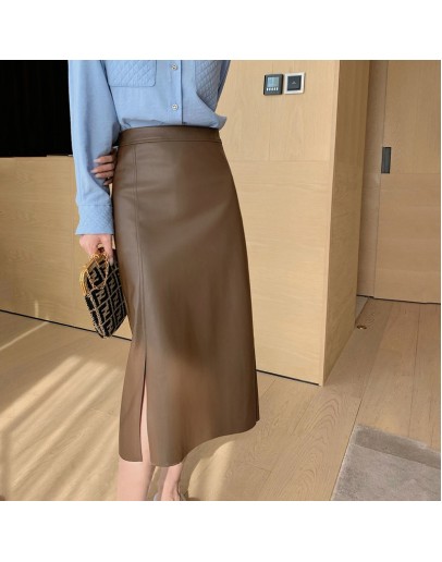  Autumn Winter PU Leather Women's Long Skirt High Wasited Skirts Female Straight Side Split Hip Package Pencil Faldas