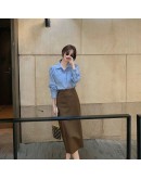  Autumn Winter PU Leather Women's Long Skirt High Wasited Skirts Female Straight Side Split Hip Package Pencil Faldas