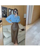  Autumn Winter PU Leather Women's Long Skirt High Wasited Skirts Female Straight Side Split Hip Package Pencil Faldas