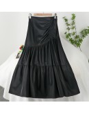 Autumn Midi Leather Skirt Women's High Waisted Folds Ruffles Pleated PU Skirts Harajuku Black Streetwear Mujer Faldas