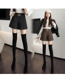 Autumn Winter Wool Booty Shorts for Women High Waisted Wide Leg Coffee Black Shorts  Pantalon Corto Mujer