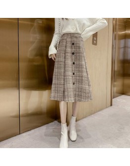 Fall Winter Vintage Plaid Woolen Skirts Women High Waist Elegant Harajuku Single Breasted Midi Skirt   Clothing