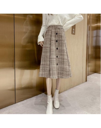 Fall Winter Vintage Plaid Woolen Skirts Women High Waist Elegant Harajuku Single Breasted Midi Skirt   Clothing