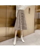 Fall Winter Vintage Plaid Woolen Skirts Women High Waist Elegant Harajuku Single Breasted Midi Skirt   Clothing