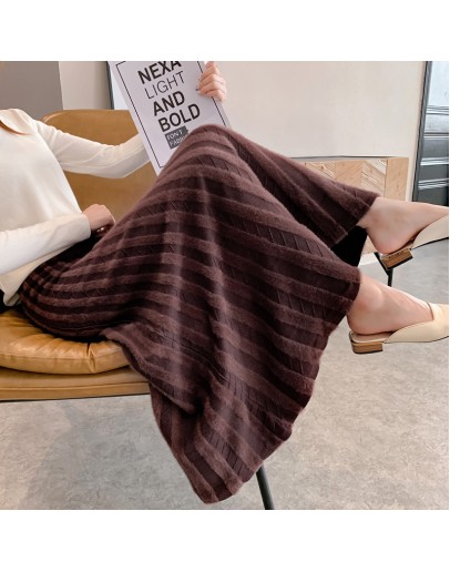 Autumn Winter Top  Thicken Knitted Skirt Women Elegant High Waist Long Skirts Female Warm Mink Fur Maxi Faldas Saia