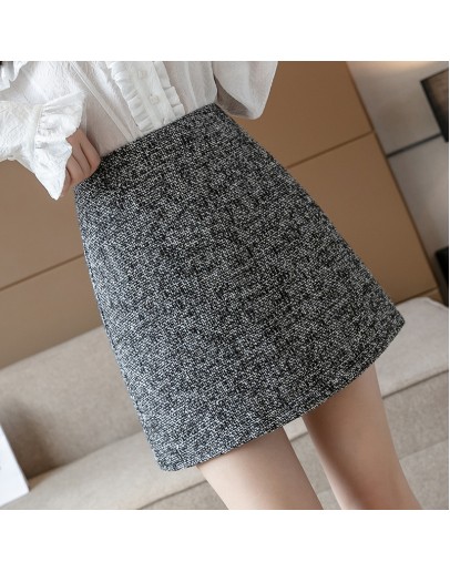 Autumn Winter Short Mini Tweed Wool Skirt for Women High Waisted A-Line Slim Harajuku Skort  Black Gray Faldas Mujer