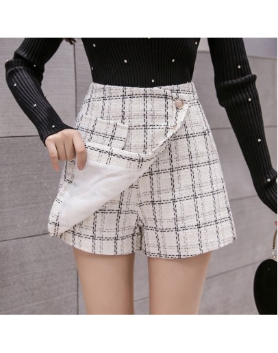  Autumn Winter Elegant Woolen Shorts Women High Waist Wide Leg Outerwear Plaid Booty Skirt Shorts pantalones cortos de mujer