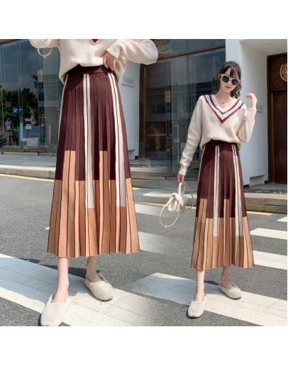 Autumn Winter Women Knitted Midi Skirt Vintage Contrast Striped High Waisted Pleated Long Skirts Female Ladies Streetwear Faldas