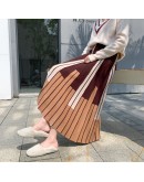 Autumn Winter Women Knitted Midi Skirt Vintage Contrast Striped High Waisted Pleated Long Skirts Female Ladies Streetwear Faldas