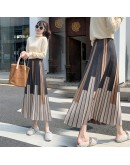 Autumn Winter Women Knitted Midi Skirt Vintage Contrast Striped High Waisted Pleated Long Skirts Female Ladies Streetwear Faldas