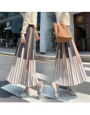 Autumn Winter Women Knitted Midi Skirt Vintage Contrast Striped High Waisted Pleated Long Skirts Female Ladies Streetwear Faldas