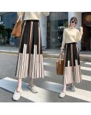 Autumn Winter Women Knitted Midi Skirt Vintage Contrast Striped High Waisted Pleated Long Skirts Female Ladies Streetwear Faldas