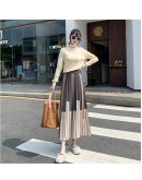 Autumn Winter Women Knitted Midi Skirt Vintage Contrast Striped High Waisted Pleated Long Skirts Female Ladies Streetwear Faldas