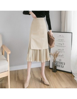  Autumn Irregular Midi Skirts Women Elegant High Waist Pachwork Pleated Skirt jupe femme Slim Skirt Spring  Style