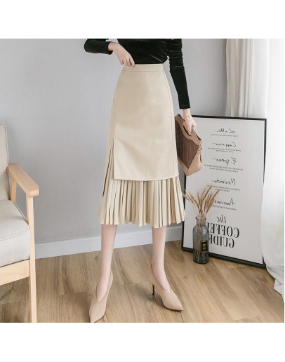  Autumn Irregular Midi Skirts Women Elegant High Waist Pachwork Pleated Skirt jupe femme Slim Skirt Spring  Style