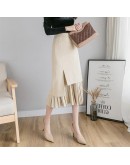  Autumn Irregular Midi Skirts Women Elegant High Waist Pachwork Pleated Skirt jupe femme Slim Skirt Spring  Style