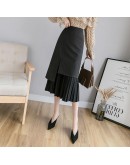  Autumn Irregular Midi Skirts Women Elegant High Waist Pachwork Pleated Skirt jupe femme Slim Skirt Spring  Style