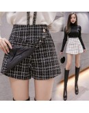  Autumn Winter Elegant Woolen Shorts Women High Waist Wide Leg Outerwear Plaid Booty Skirt Shorts pantalones cortos de mujer