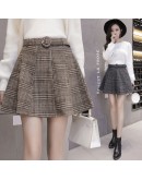 Autumn Winter Women Skirt  High Waist Vintage Plaid Wool Skirts Womens Belt Plus Size Mini Woolen Skirt Ball Gown Saias