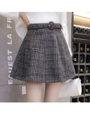 Autumn Winter Women Skirt  High Waist Vintage Plaid Wool Skirts Womens Belt Plus Size Mini Woolen Skirt Ball Gown Saias