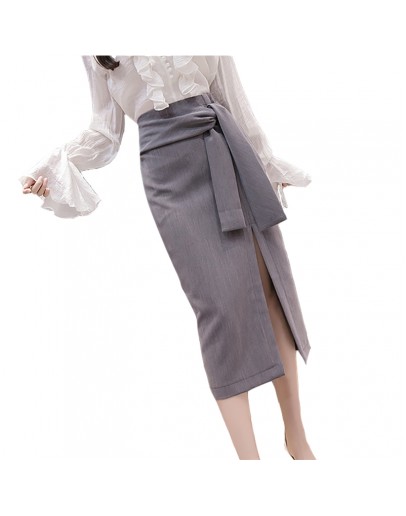 Autumn Ladies Office Skirt Split Bow Bandage Irregular Long Skirts Womens OL Hip Package Brief Jupe Femme Elegant Faldas