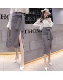 Autumn Ladies Office Skirt Split Bow Bandage Irregular Long Skirts Womens OL Hip Package Brief Jupe Femme Elegant Faldas