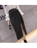 Autumn Ladies Office Skirt Split Bow Bandage Irregular Long Skirts Womens OL Hip Package Brief Jupe Femme Elegant Faldas