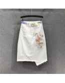  White Denim Skirts Women Beading Front Hole 3D Flower Skirt with Belt Hip Package Jeans Irregular Skirt Faldas Mujer