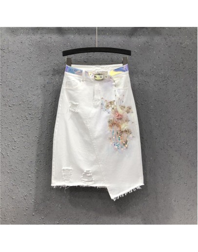  White Denim Skirts Women Beading Front Hole 3D Flower Skirt with Belt Hip Package Jeans Irregular Skirt Faldas Mujer