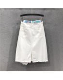  White Denim Skirts Women Beading Front Hole 3D Flower Skirt with Belt Hip Package Jeans Irregular Skirt Faldas Mujer