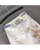  White Denim Skirts Women Beading Front Hole 3D Flower Skirt with Belt Hip Package Jeans Irregular Skirt Faldas Mujer