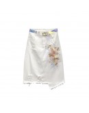  White Denim Skirts Women Beading Front Hole 3D Flower Skirt with Belt Hip Package Jeans Irregular Skirt Faldas Mujer