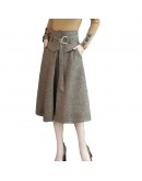 Elegant Midi Woolen Skirt Women Autumn Winter High Waist Belted Skirt Female Long Office Work Skirts Faldas Mujer F223