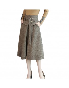 Elegant Midi Woolen Skirt Women Autumn Winter High Waist Belted Skirt Female Long Office Work Skirts Faldas Mujer F223